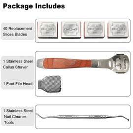 43 Pcs Callus Shaver for Feet Set, (1 Stainless Foot File &1 Foot File Heads & 40 Replacement Slices Blades & 1 Nail Cleaning), Professional Callus Remover for Feet Tools for Wet and Dry Feet