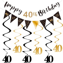 40th Happy Birthday Banner, Black and Gold Birthday Decoration for Women Men, 40th Birthday Party Decor with Birthday Bunting Flag, Triangle Flag, Hanging Swirls for 40th Birthday Party Decoration