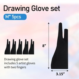 Falling in Art 5 Pack Drawing Gloves with Two Fingers, Digital Artist Gloves for Left and Right Hand, Soft Art Gloves for Graphic Drawing Tablets, iPads, Monitors and Paper Sketching, M