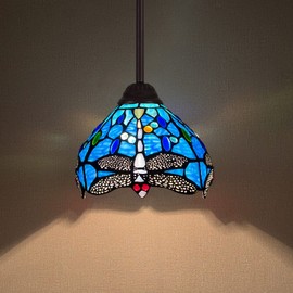 Capulina Mini Tiffany Lamp Stained Glass Pendant Light 8 Inches Wide Blue Dragonfly Tiffany Style Hanging Lamp for Kitchen Island Dining Room Hallway Home
