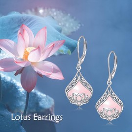 POPLYKE Pink Crystal Lotus Flower Earrings 925 Sterling Silver Teardrop Rose Quartz Dangle Earrings for Women Lotus Jewelry Gifts Birthday
