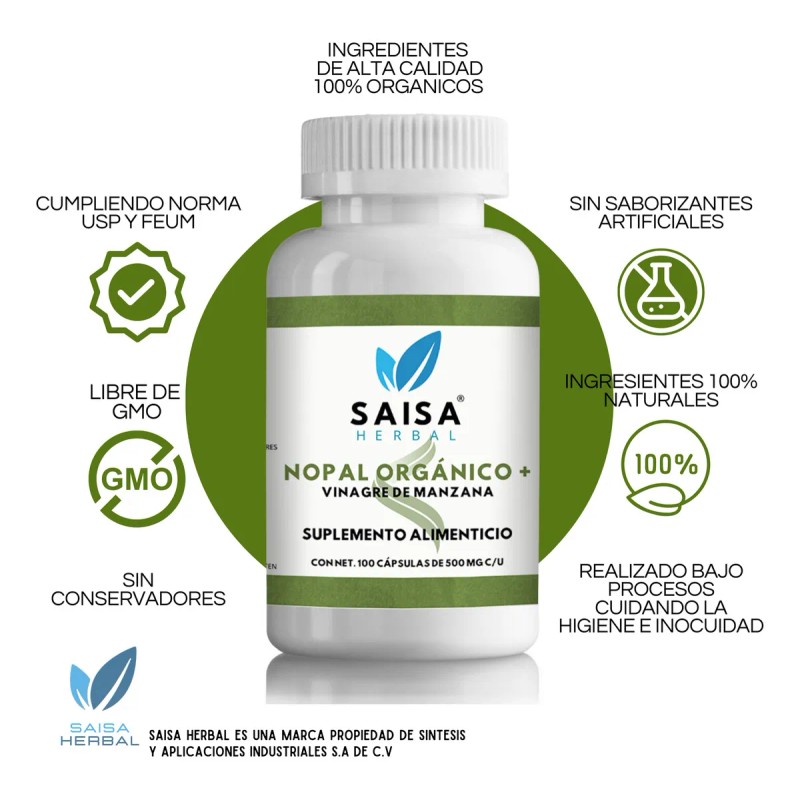 Nopal Orgnico Vinagre De Manzana 100 Cpsulas 500 Mg Saisa
