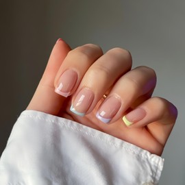 KQueenest Colorful French Tip Press On Nails Short Medium Square, 24 Pcs Acrylic Press On Nails With Glue, Natural Nude Short Fake Nails Press ons, Reusable Soft Gel Glue on Nails for Women Summer