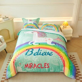 Koniroom 3-Piece Full Unicorn Comforter Set for Girls - Kids Mint Green 'Believe in Miracles' Rainbow & Unicorn Bedding, Magical Bed Set