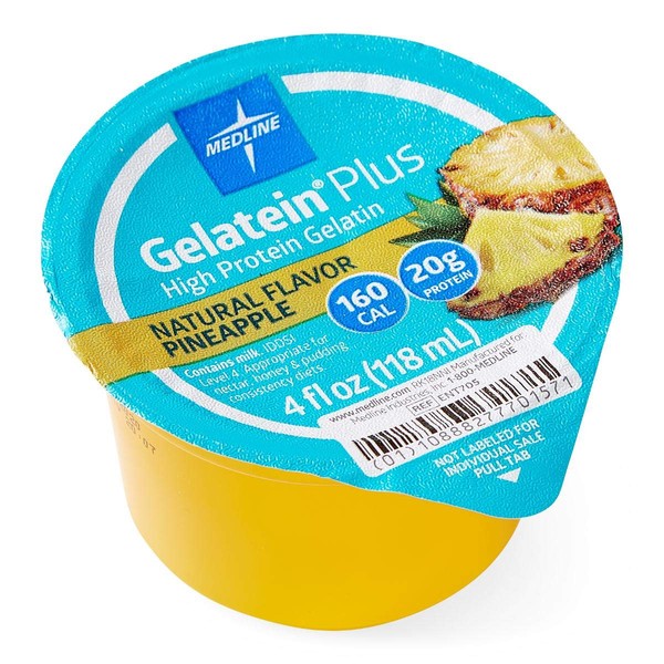 Medline Active Gelatein Plus Supplement, Easy to Serve, Protein and Calorie Enhanced, Pineapple Flavor, 4oz. Cup (Case of 36)