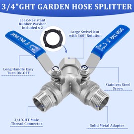 Garden Hose Y Splitter, 304 Stainless Steel Garden Hose Splitter 2 Way Heavy Duty, 3/4" GHT Water Hose Y Splitter Connector, Full Flow Garden Hose Splitter Adapter With Wrench