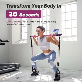 ALongSong - Kit de barra de pilates con bandas de resistencia, equipo portátil de entrenamiento en casa con temporizador para ejercicio de cuerpo comp