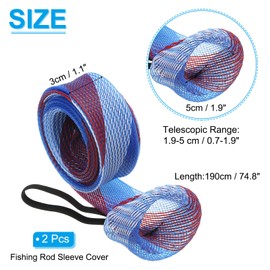 PATIKIL 2PCS 75" Rod Socks Fishing Rod Sleeve Cover Braided Mesh Pole Protector Glove Fishing Tool Flat End Spinning Fishing Rod Fly Rod Ice Rod Casting Rod Blue White Red