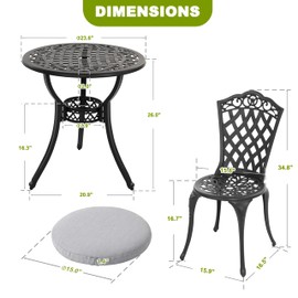 NUU GARDEN 3-Piece Patio Bistro Set Outdoor Cast Aluminum Bistro Table and Chairs Set of 2, Outdoor Patio Bistro Set with Umbrella Hole and Gray Cushions for Patio Balcony, Black