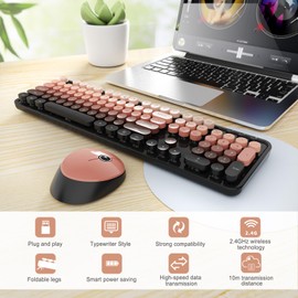 SkyGive Wireless Keyboard and Mouse Combo, Ergonomic Full Size Typewriter Retro Round Keycaps Keyboard, Compatible with Windows, PC, Perfer for Home and Office Keyboards (Aurora Red)