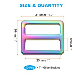 PATIKIL Flat Metal Slide Buckle 1 Inch / 25mm, 10 Pcs Tri-glide Sliders Webbing Strap Belt Adjuster for Strap Keeper Leathercraft DIY Bag Belt Purse Making, Rainbow