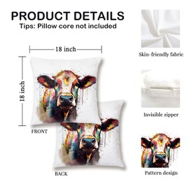 RLTXBUK Colorful Cow Pillow Cover 18x18 Inch, Watercolor Farm Animal Throw Pillow Case, Rustic Farmhouse Decorative Cushion Cover for Sofa Couch Living Room Bedroom 281