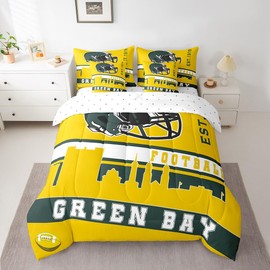 Erosebridal Football 7 Pcs Comforter Set Twin Football Fans Bedding for Boys Girls American Football City Sheet Set Bed in A Bag Yellow Rugby Competition Room Decor Sports Ball Game Quilt(Green Bay)