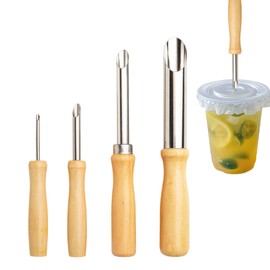 Dasezsdt Straw Puncher for Plastic Lids Lemonade Cup Lid Hole Puncher, 4pcs, Stainless Steel, Wood Handle, Silver