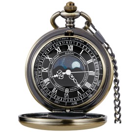 Tiong Smooth Steel Quartz with Calendar Moon Phase Dial Vintage Pocket Watch with Chain Quartz Men's Pocket Watch(Bronze)