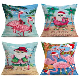 ShareJ Set of 4 Merry Christmas Beachy Greetings Quotes Decorative Pillow Covers 18x18 Inch Santa Beach Christmas Tropical Flamingo Decor Funny Throw Pillow Covers Cotton Linen Cushion Cover