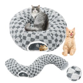 Homimp Cat Tunnel Bed with Central Mat, Large Tube Playground with Plush Ball Toy, Peekaboo Cat Cave with Washable Circle Cushion for Indoor Cats, Pop Up Bed HidePlace for Kitten Puppy Rabbit, Grey