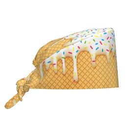 Cartoon Ice Cream Cone with Dripping White Glaze and Wafer Working Cap for Women, Scrub Cap with Sweatband Adjustable, Unisex Tie Back Hat, Nurse Surgical Caps