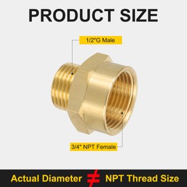 PATIKIL 1/2" G Male x 3/4" NPT Female Brass Pipe Fitting, Pipe Extension Connectors Reducer Adapter for Air Gas Fuel with PTFE Tape - 1PCS