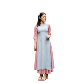 Mom and Daughter Blue HOA Matching Ao Dai Skirt Set with Headband| Pre-Made Vietnamese Ao Dai| Lunar New Year (Blue, 2XL - Women)