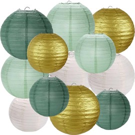 prxififeq Sage Green Gold White Forest Green Paper Lanterns 12Pcs Hanging Round Paper Lanterns Decorative for Graduation Baby Shower Wedding Birthday Family Parties ﻿