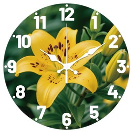 CHGCRAFT Yellow Lilies Pattern Wall Clock 12 Inch Non-Ticking Clocks Round Wall Hanging Clock Battery Operated for Bedroom Living Room Kitchen Office