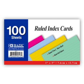 BAZIC 100 Ct. 3" X 5" Ruled Colored Index Card