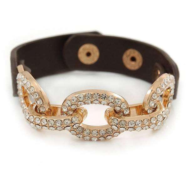 Clear Crystal Oval Link With Faux Brown Leather Bracelet In