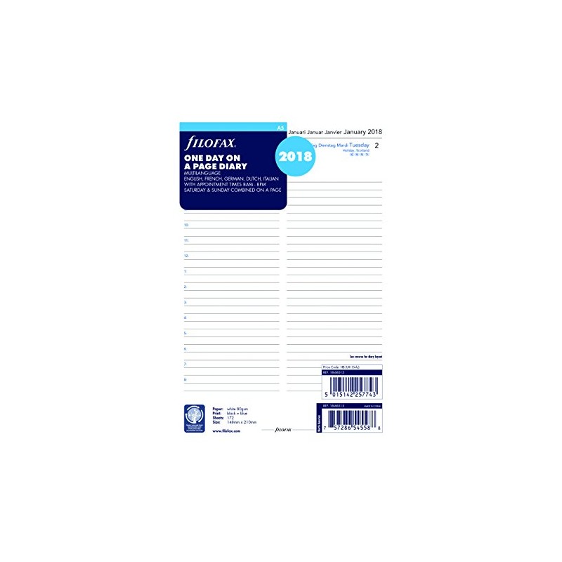 Filofax 2018 A5 Day per Page Refill, 5 Languages, 8.25