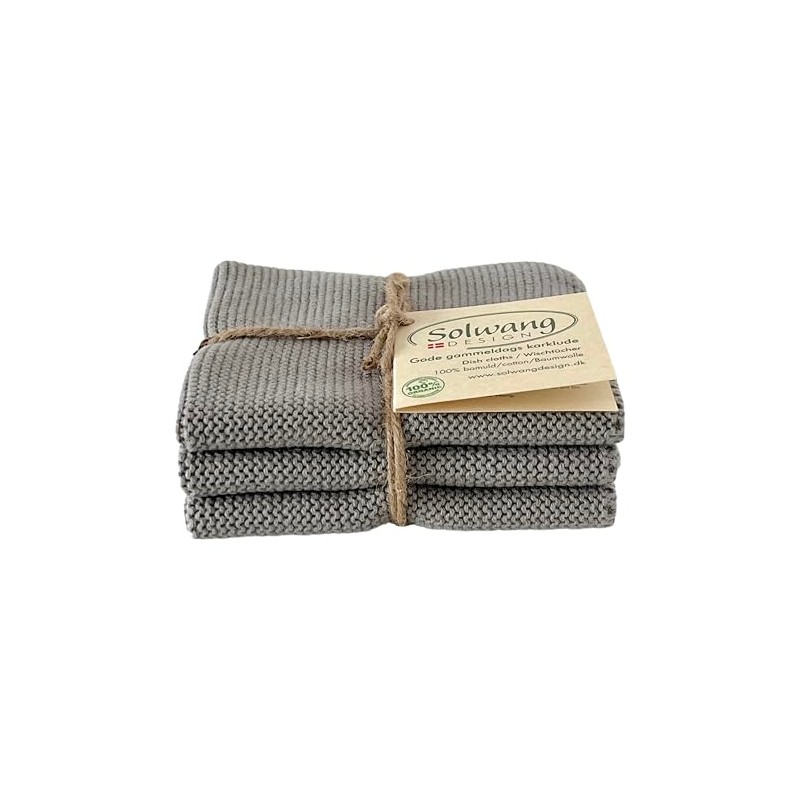 Solwang 3-Piece Danish Cotton Dishcloths in 100% Certified Organic Cotton