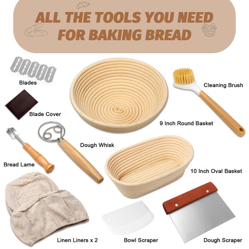 Sourdough Proofing Basket Gift Set, 9" Round and 10" Oval