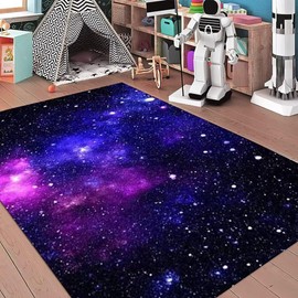 Blue Purple Galaxy Starry Sky Area Rug Large for Bedroom Living Dining Room Universe Space Play Mat Washable Pads Non-Slip Flannel Carpets,6'×9'
