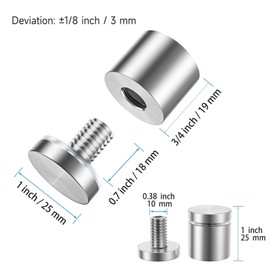 LuckIn 8 Pack Standoff Screws for Acrylic (1 in. Dia x 3/4 in. L), Stainless Steel Stand Off Wall Mounts Hardware for Sign Holder, Silver