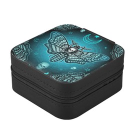 ZZKKO Moth Dead Head Small Jewelry Box Travel Jewelry Case Leather Jewelry Travel Organizer Mini Portable Storage Boxes for Womens Rings Necklaces Gifts Black