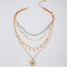 Gold Layered Necklace for Women Summer Boho Layered Stacked Pendant Necklace Country Concert Necklace Turquoise Coin Long Necklace (BGold)