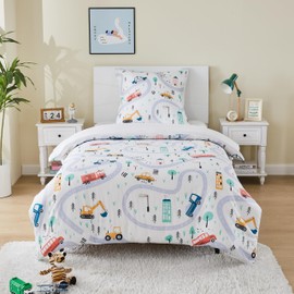 MUSOLEI Children's Bed Linen 135 x 200 cm Boys Cars Bed Linen Children's Vehicle Digger Police Fire Brigade 3D Print Microfibre Duvet Cover 135 x 200 cm and 1 Pillowcase 80 x 80 cm Bedding Set for Single Bed Cars 01