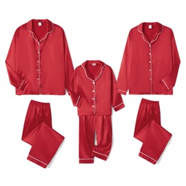 Qiylii Christmas Pajamas for Family Red Silk Satin Button-Up Family Christmas Pajamas Matching Sets Pjs for Kid/Women/Men (Kids, 9-10 Years, Red)