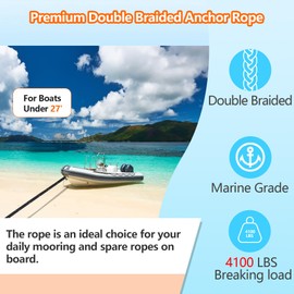 Anchor Rope 100 Ft 3/8 in, Double Braided Anchor Line with 316 Stainless Steel Thimble & Shackle, Boat Anchor Rope for Boats Up to 27' - Black