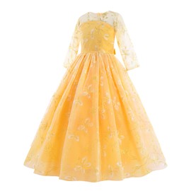 Flower Girls Dress Lace Bridesmaid Floral Lace 3/4 Sleeves Wedding Pageant Dress Princess Boho Communion Floor Length Maxi Puffy Tulle Party Vintage Evening Formal Prom Dance Ball Gown Yellow 140
