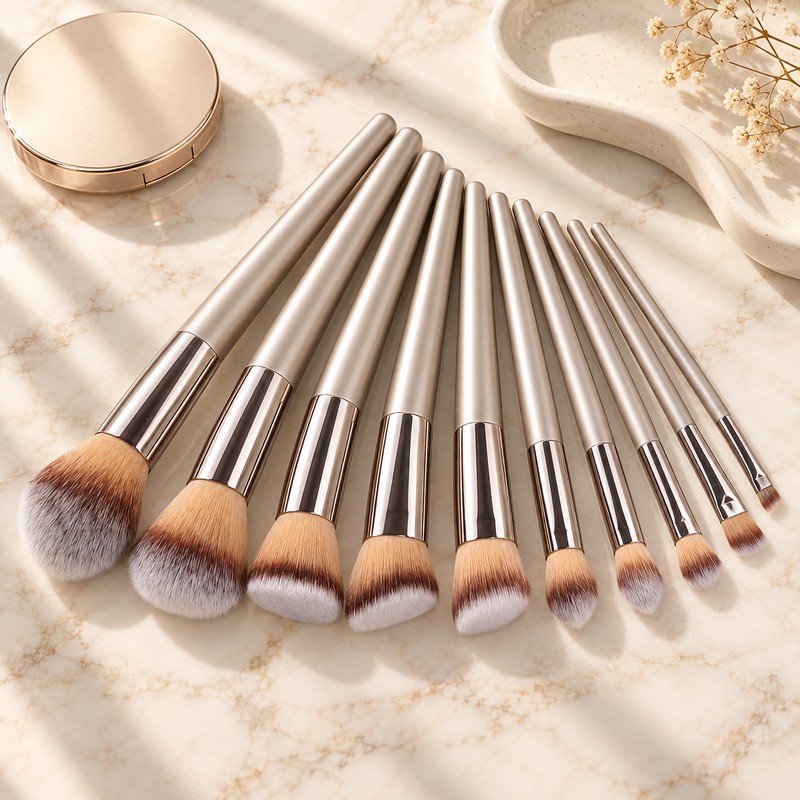 10-Piece Champagne Gold Makeup Brush Set with Soft Bristles for