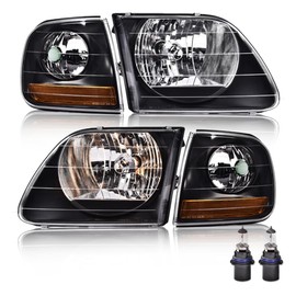 G-PLUS Headlights Assembly Fit For Ford F150 1997-2004/Ford F250 1997-1999/Ford Expedition 1997-2002 Headlamps w/Corner Lamps,FO2502182 FO2503182 Clear lens Black Housing Amber Reflector