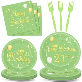 Qyeahkj 100 Pcs 21st Birthday Plates & Napkins Party Supplies Sage Green Decor Happy 21st Years Old Olive Green Gold Birthday Dinnerware Set for Her Serves 25