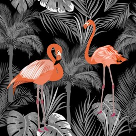 ReWallpaper 17.5in×23ft Peel and Stick Wallpaper Tropical Dark Grey Leaf Orange Flamingo Wallpaper for Bathroom Bedroom Girl Room Self Adhesive Jungle Wall Paper Removable Cabinet Contact Paper Walls