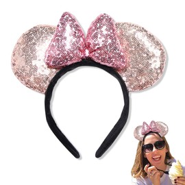 BAYLOVE Diadema con Orejas de Ratón Brillantes, Disfraz Orejas Diadema Lentejuelas para Niñas, Minnie Princess Ears Headband, Cosplay, Fiestas Cumpleaños, Universal para Adultos y Niños(Champán Rosa)
