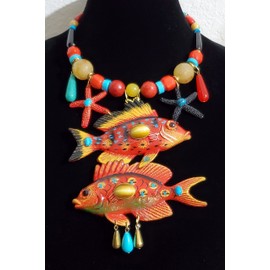 Colorful Hand Painted Fish Starfish Nautical Gemstone Necklace Earrings Bracelet One of a Kind