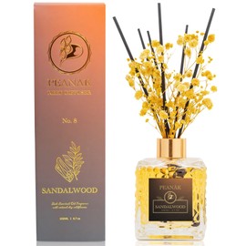 PEANÄK Reed Diffuser Set - Sandalwood Orange Scented Oil - 6.7oz/200ml with Real Preserved Flowers & 6 Reed Sticks - Oil Based scents for Home & Office diffuser bathroom Shelf Decor - gift for holiday