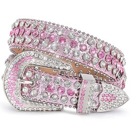 XZQTIVE Rhinestone Studded Western Leather Belt, Men Women Vintage Cowgirl Cowboy Bling Design Crystal Diamond Waist Belts for Pants Jeans Dress(6-Pink (Silver Buckle), Fit waist 30-32 inch)