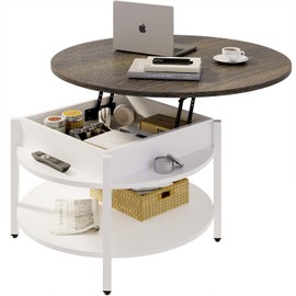 FABATO Round Lift Top Coffee Table for Living Room, 35.43'' Round Coffee Table with Storage and Hidden Compartment, 2 Tier Large Farmhouse Coffee Table Round Dining Table, White