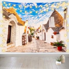 Loccor Italy Alberobello Street Tapestry Famous Truill Houses Sunny Day Blue Sky White Clouds Wall Hanging for Italian Theme Party Decorations Home Living Room Wall Decor 106''x70''
