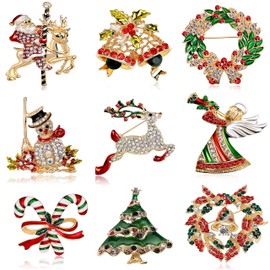 9 Piece Christmas Brooch Set with Rhinestone Crystal Christmas Ornament (Christmas Style 1)